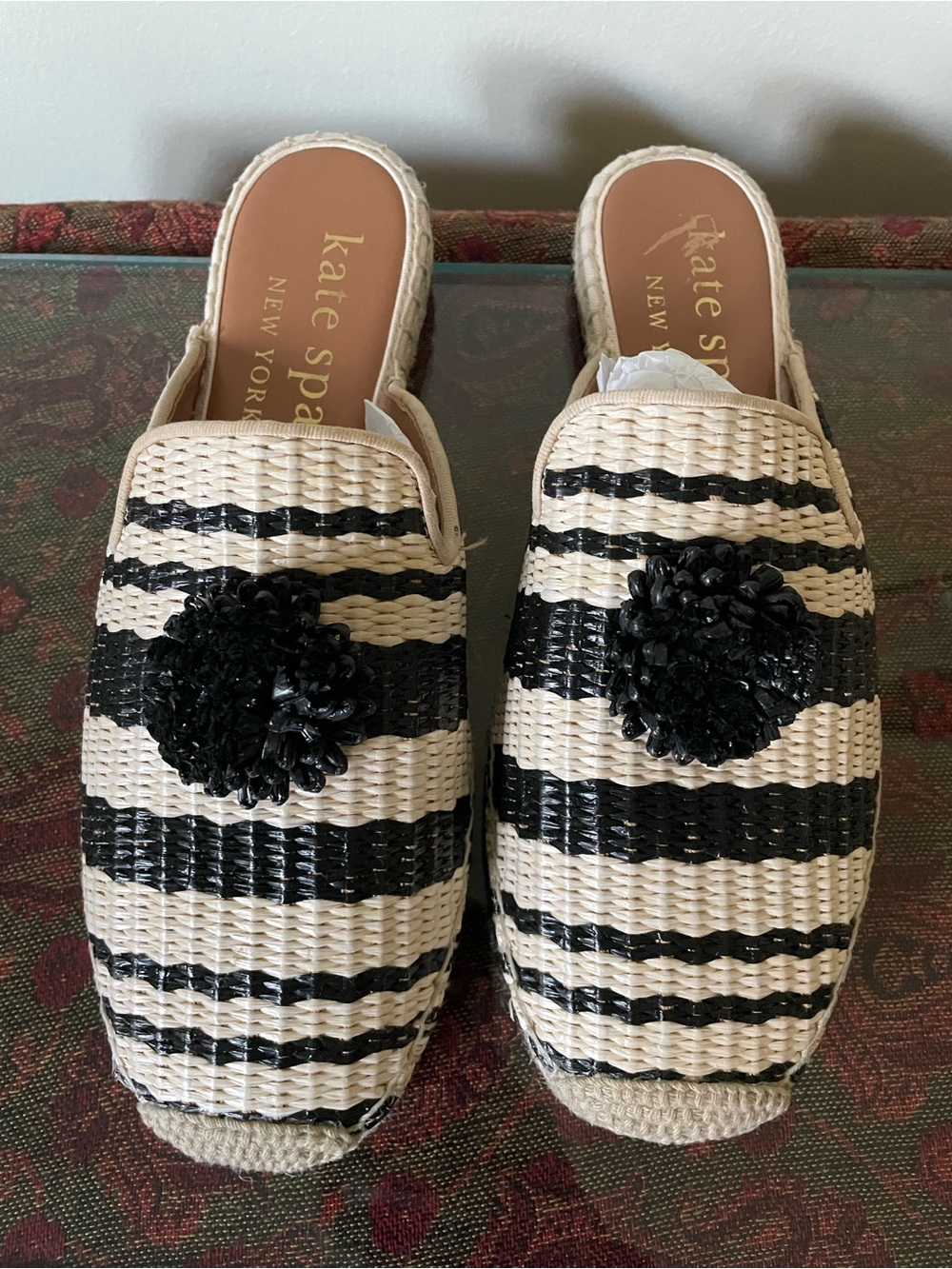 kate spade Black & Cream Striped Woven Mules 8.5